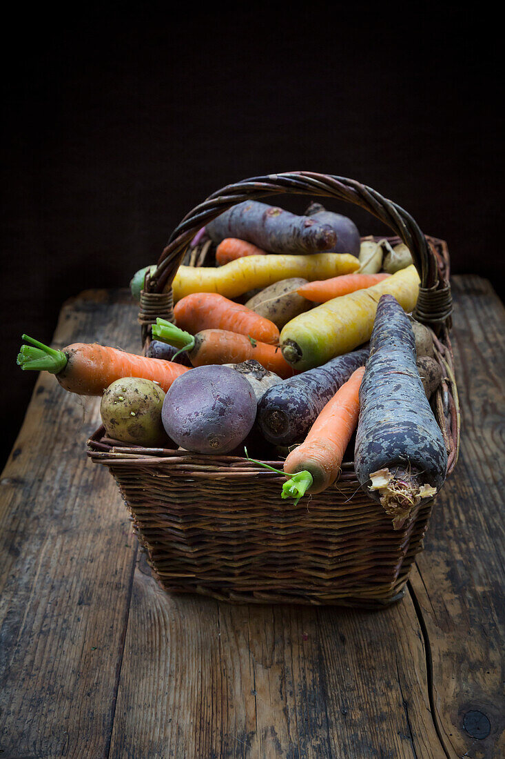Winter vegetables, carrot, beetroot, potato and parsnip
