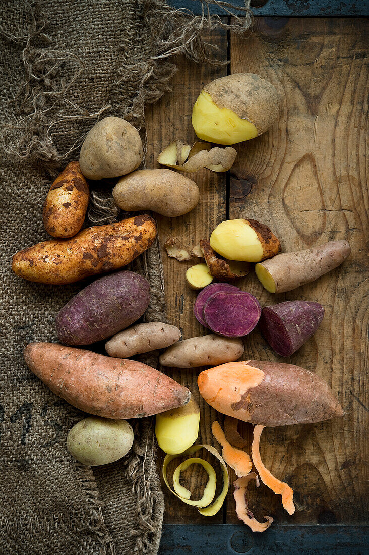 Verschiedene Kartoffelsorten: Glorietta, Lila Süßkartoffel, Agria, Annabelle, Bamberger Hörndl, Gala auf rustikalem Hintergrund