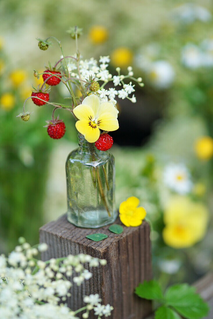 Posy of violas, elderflowers and wild strawberries