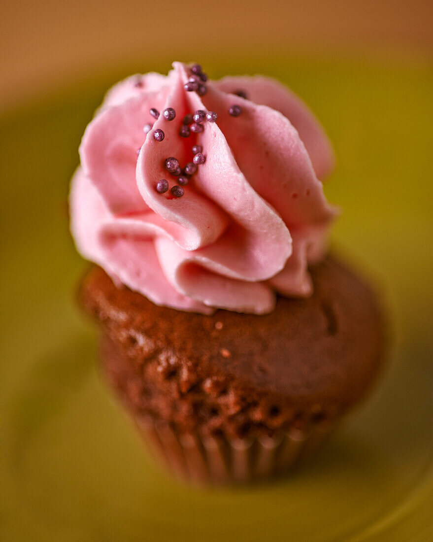 A cupcake with a pink cream topping (close-up)