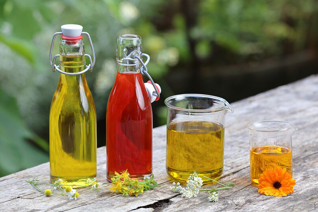 Selbstgemachte Öle aus Ringelblume, Schafsgarbe, Kamille und Johanniskraut