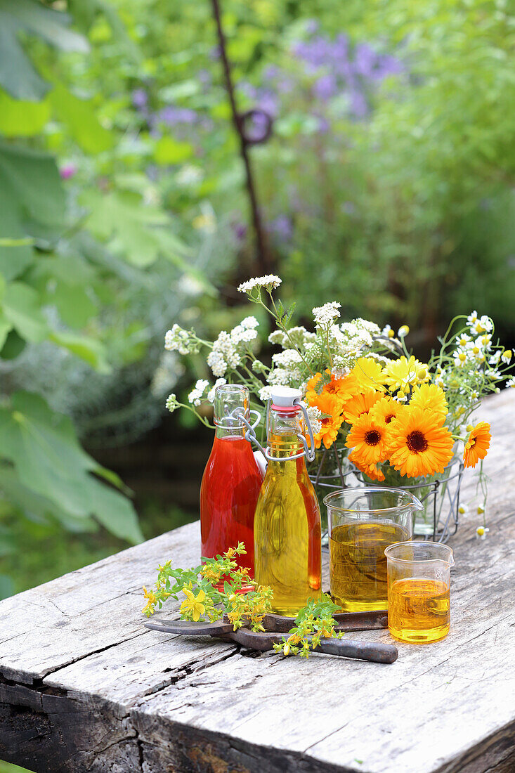 Homemade oils from marigold, yarrow, camomile and St. John's wort