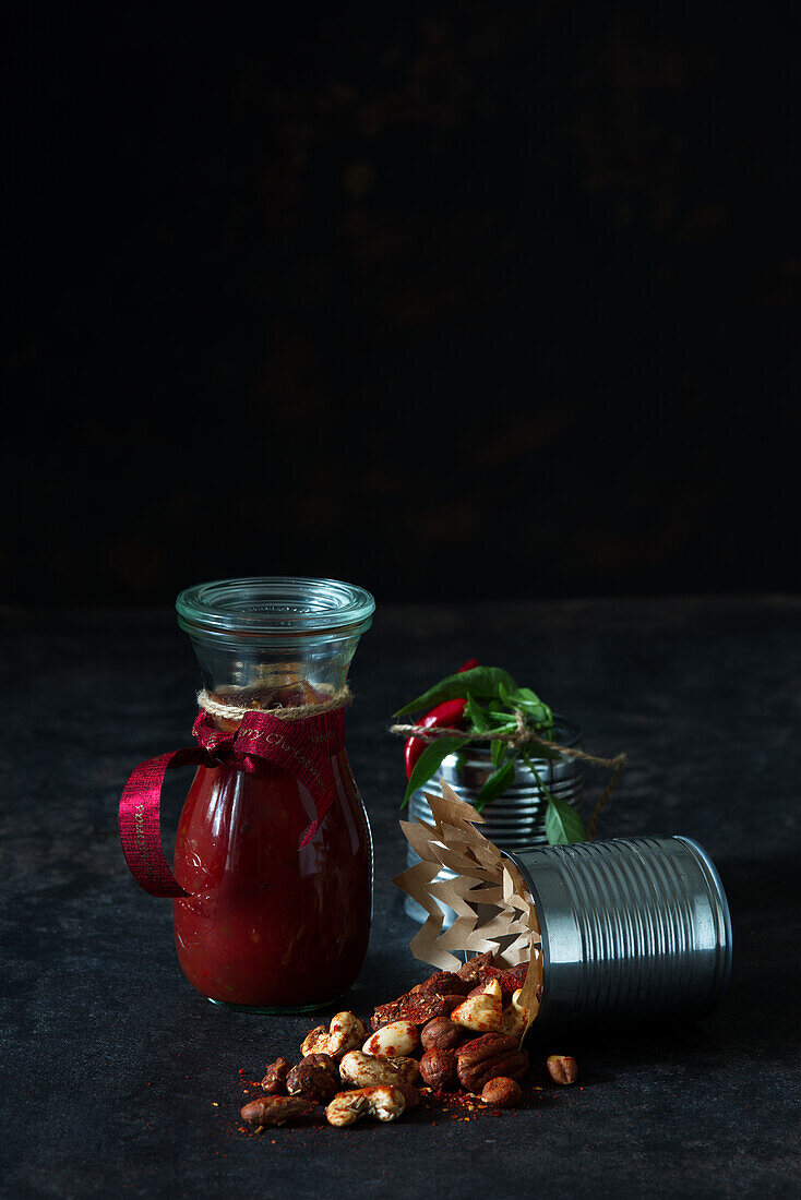 Homemade chilli chutney and chilli nuts for gifting