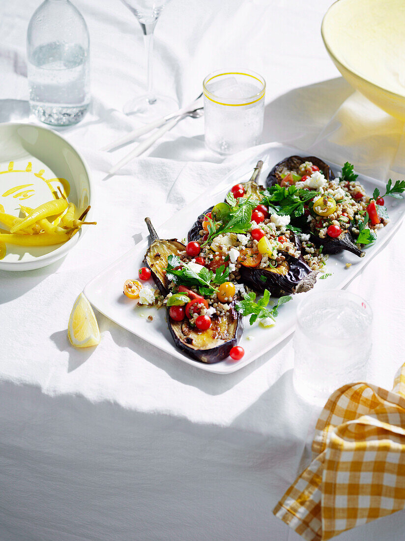 Oregano eggplant with freekeh, feta and dill