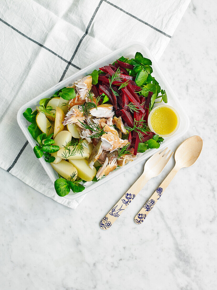 A salad with smoked mackerel, beetroot and baby potatoes