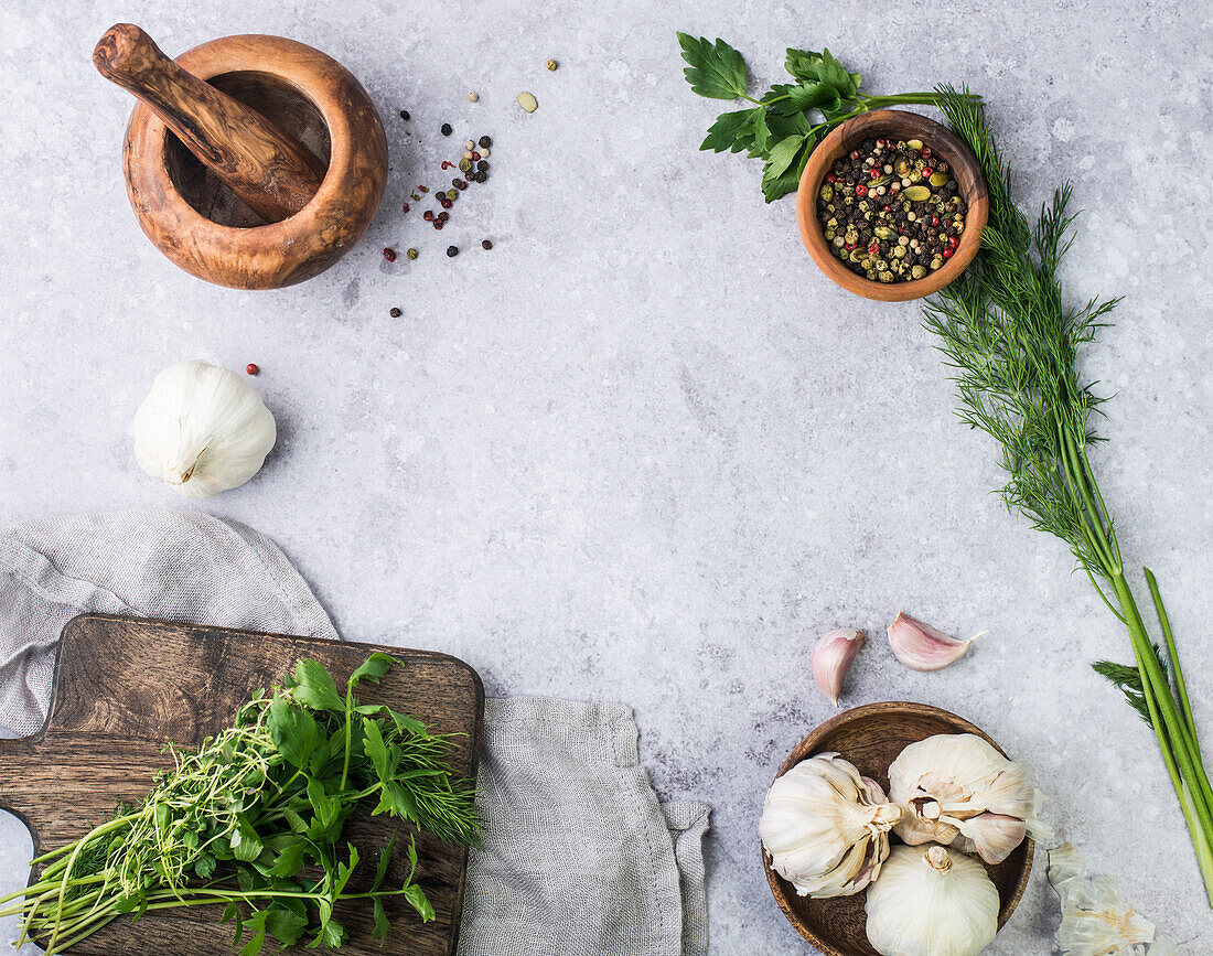 Fresh herbs, garlic and spices