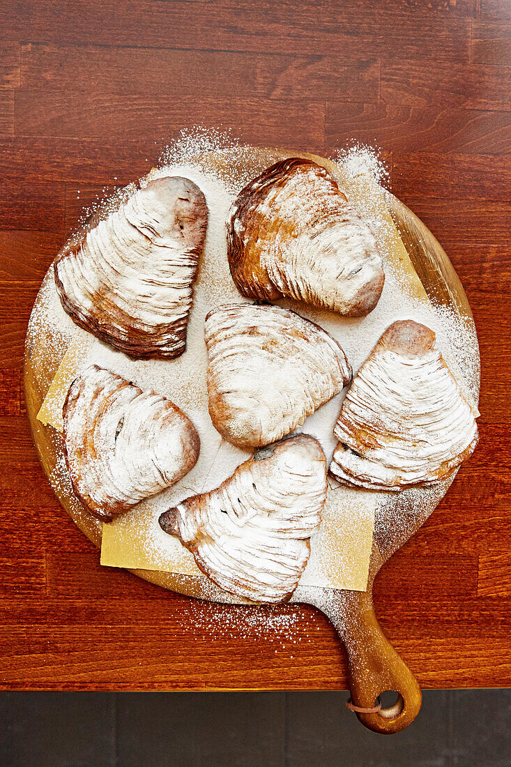 Sfogliatella, sometimes called a lobster tail in English. Shell-shaped filled Italian pastries native to Campania