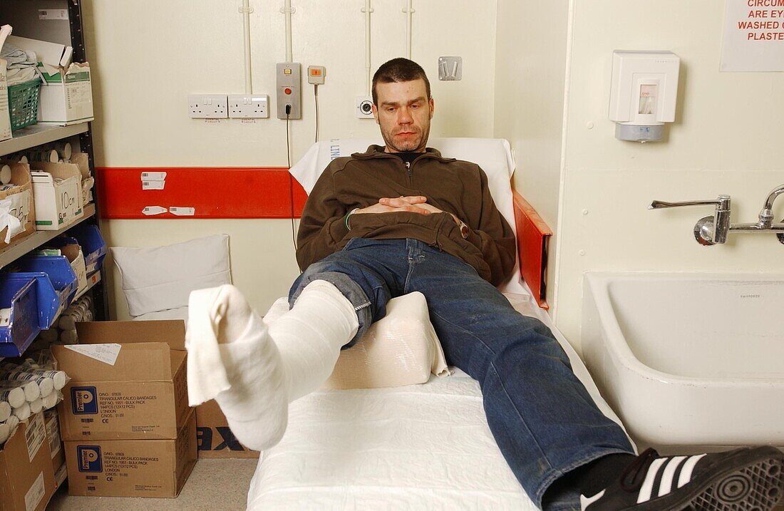 Man with leg in plaster cast