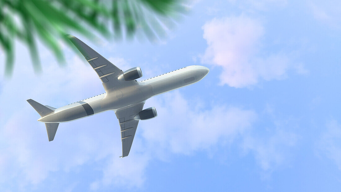 Passenger aeroplane flying over a palm tree, illustration