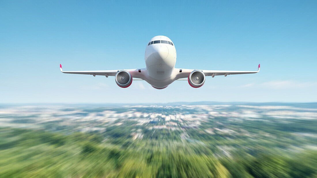 Passenger aeroplane flying over the city, illustration