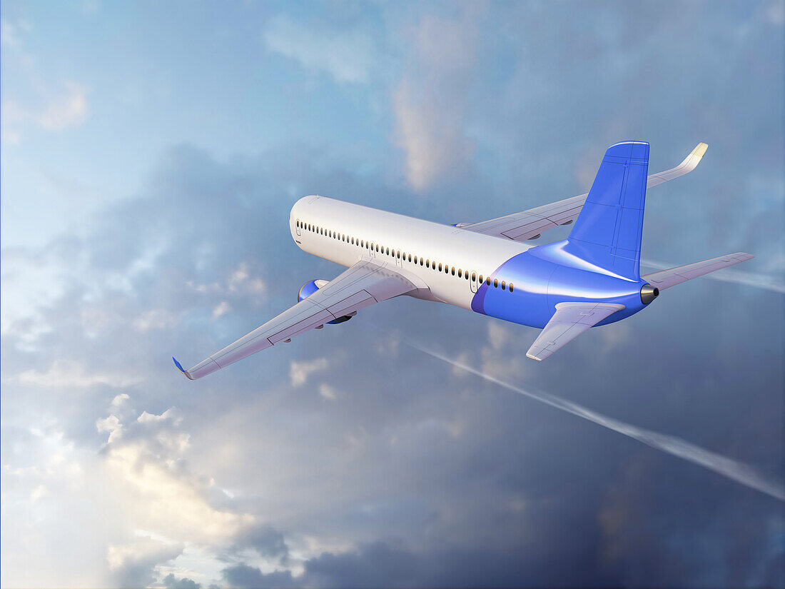 Commercial aeroplane flying in the clouds, illustration