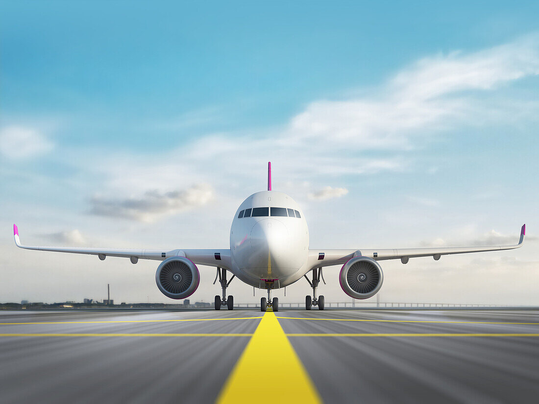 Aeroplane standing on airport runway, illustration