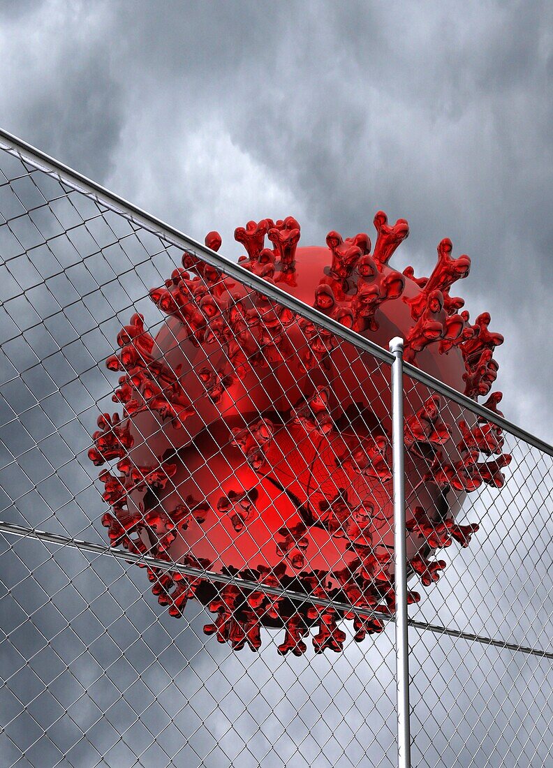 Coronavirus particle behind a fence, illustration
