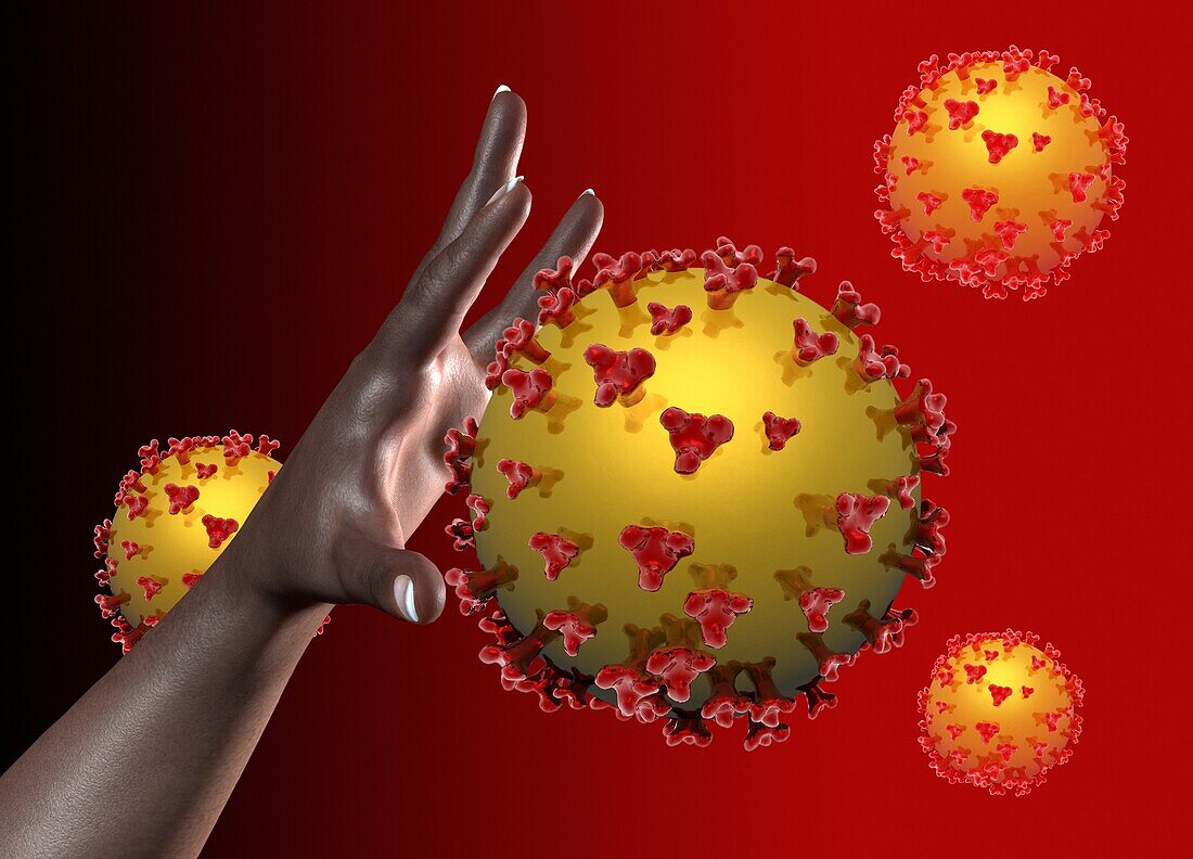 Hand reaching for a coronavirus particle, illustration