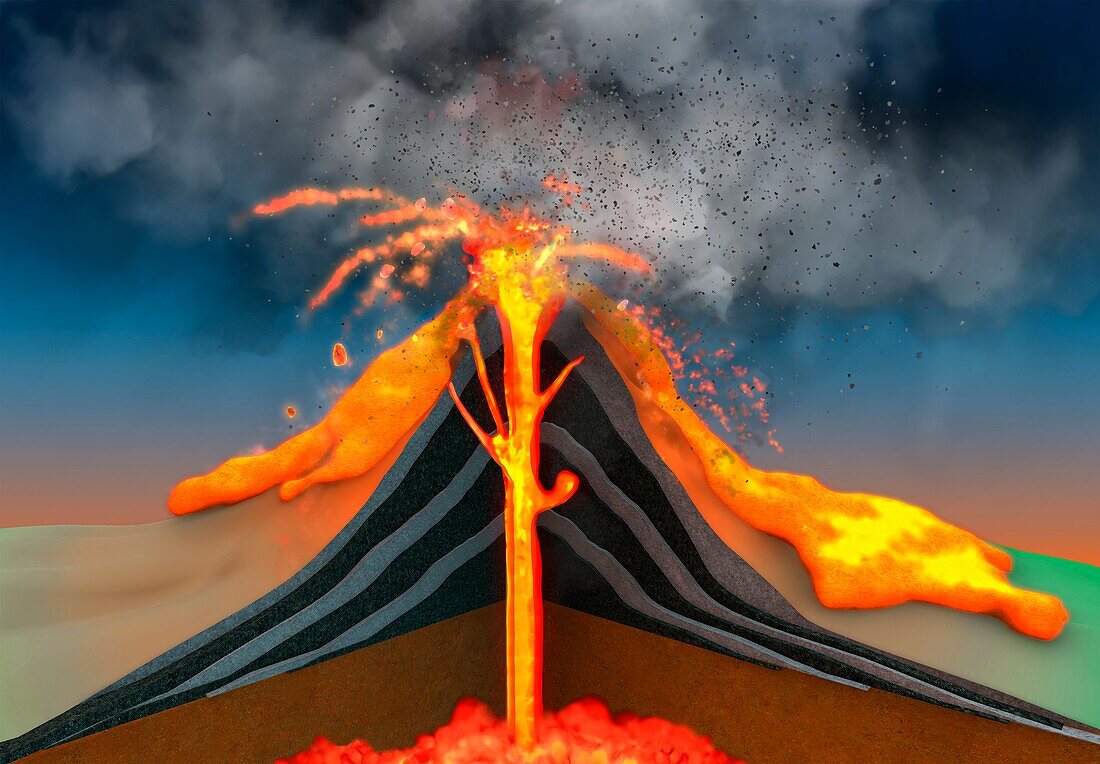 Stratovolcano eruption, illustration