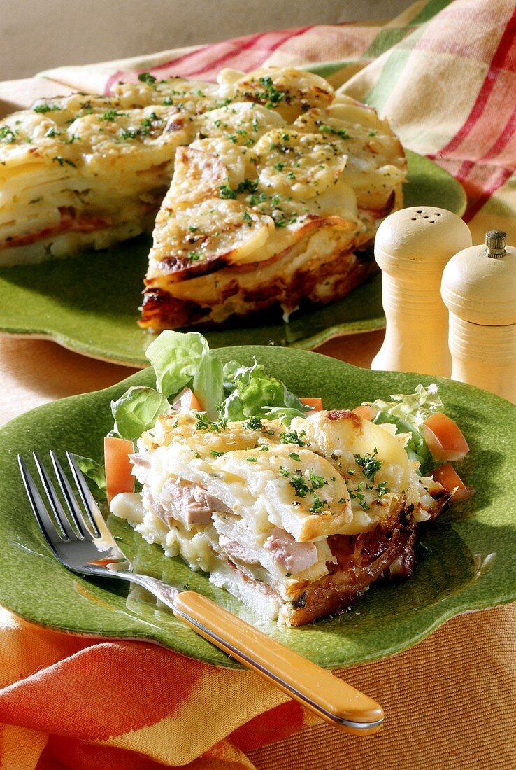 Potato quiche with strips of sausage and cheese