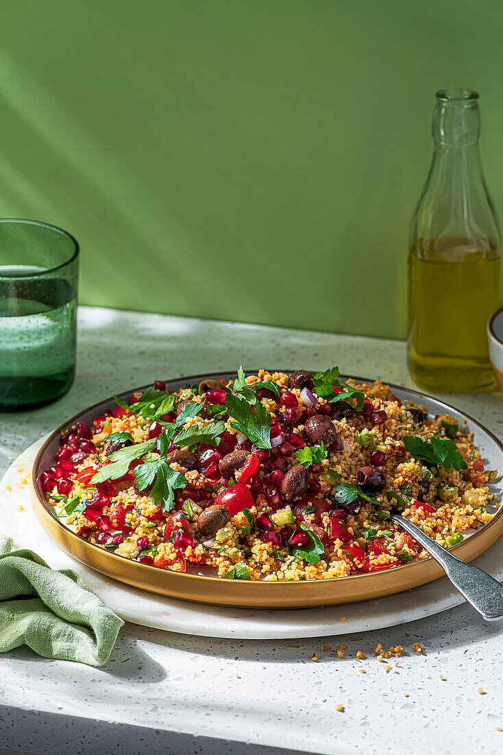 Rose harrisa couscous salad with tomatoes, olives, parsley, cucumber, peppers and pomegranate