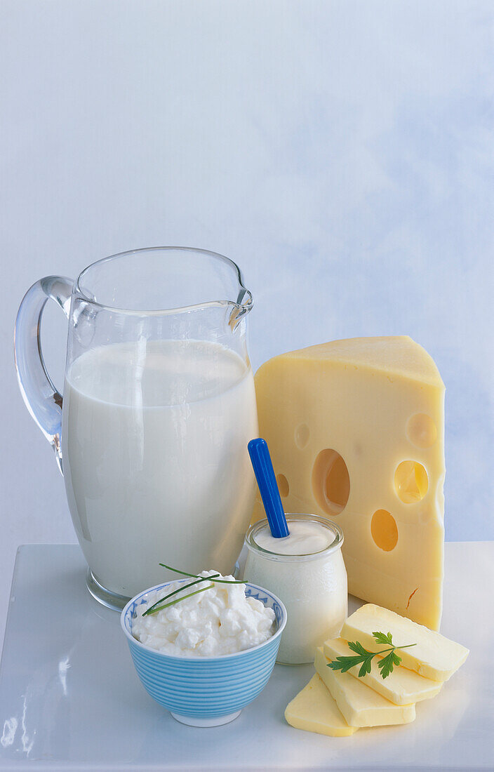 Milchprodukte - Milch, Joghurt, Käse, körniger Frischkäse, Butter