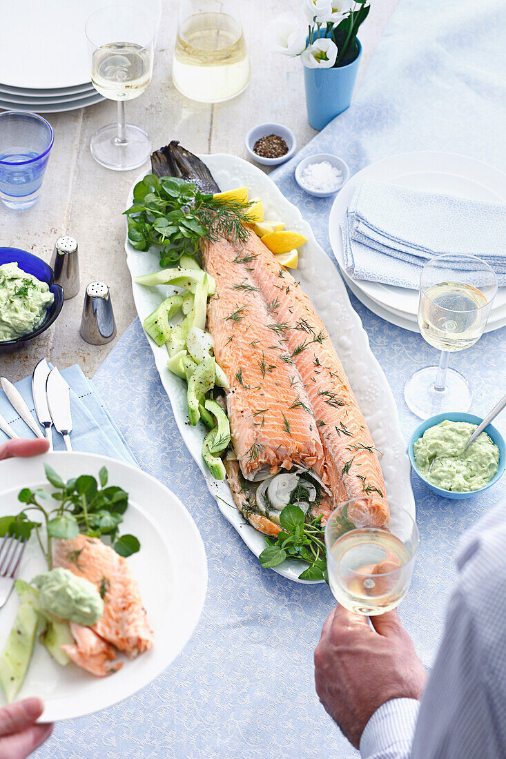 Salmon poached in foil with dill and avocado mayo