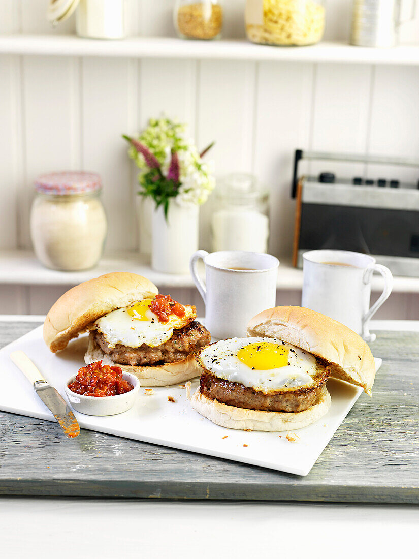 Baps mit Fleisch, Spiegelei und würziger Tomatensauce