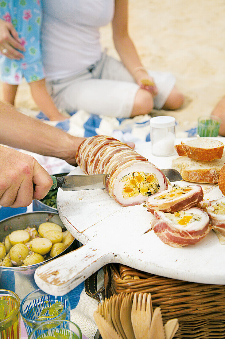 Chicken roulade wrapped in bacon for a picnic