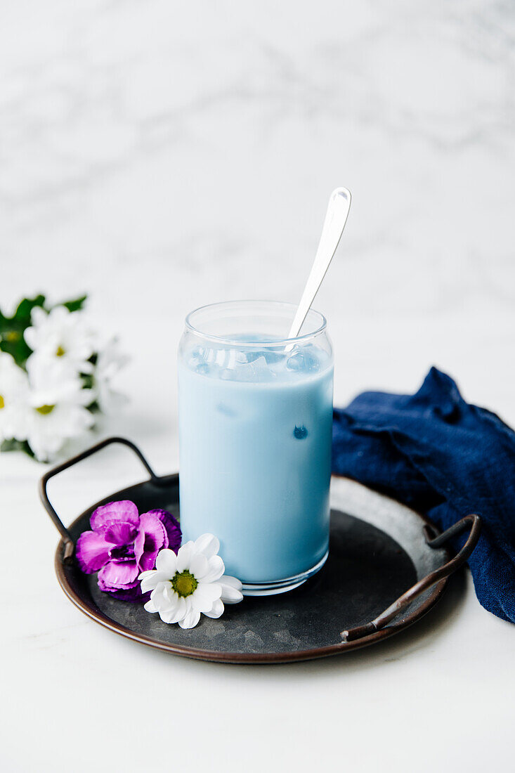 Butterfly Pea Tea with ice cubes