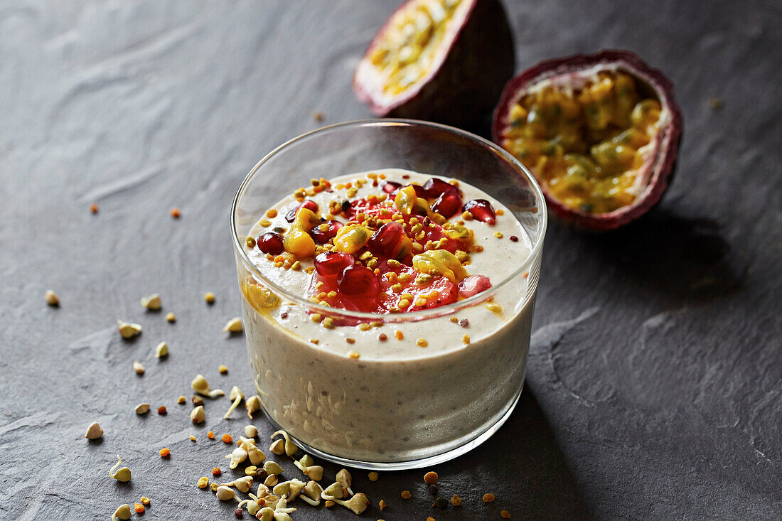 Passion fruit dessert with pomegranate