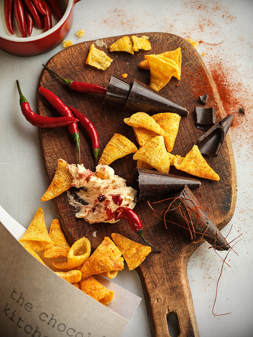 Hot chilli chocolate cones with cornados chips