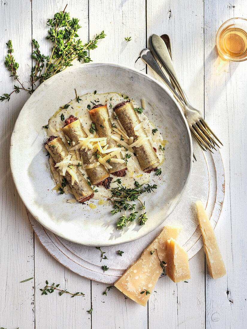 Duck cannelloni with thyme and parmesan
