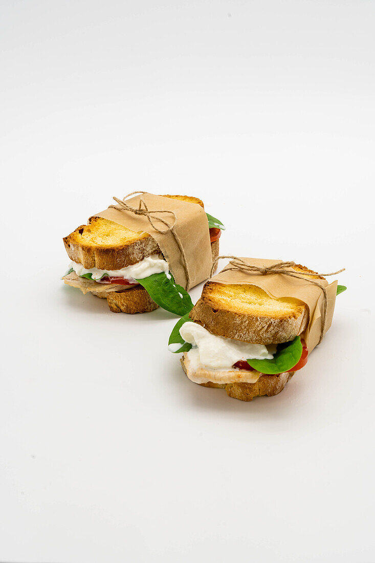 Sandwich with chicken breast, burrata and salad