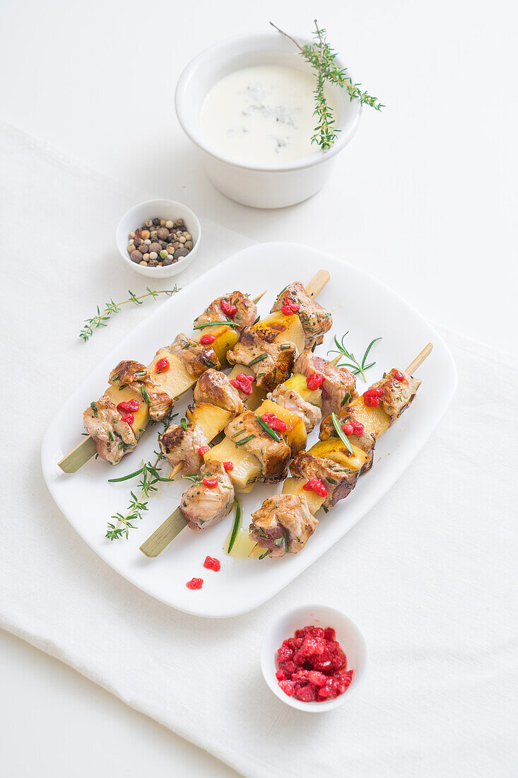 Pork and apple skewers with dip