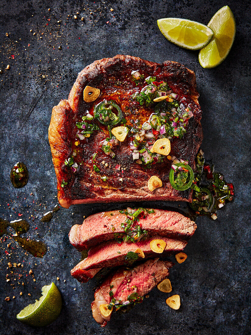 Teilweise in Scheiben geschnittenes Steak mit Chimichurri