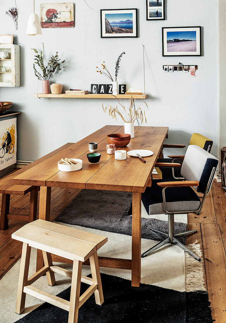 Handmade wooden dining table with bench and chairs