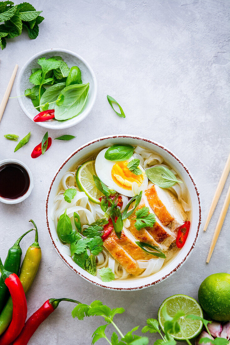 Pho-Suppe mit gebratenem Hähnchen, Nudeln und Ei (Vietnam)