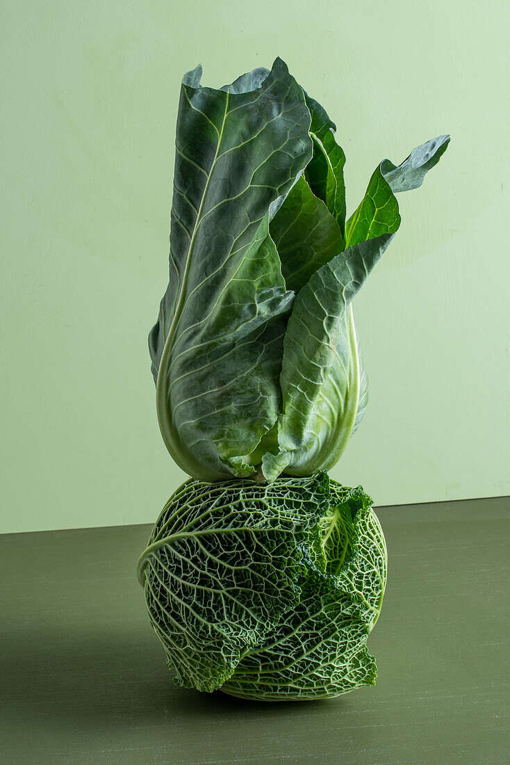 A pointed cabbage on a savoy cabbage