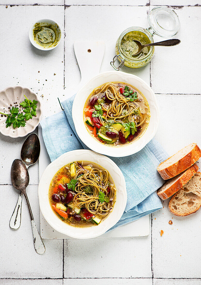Minestrone with edamame noodles