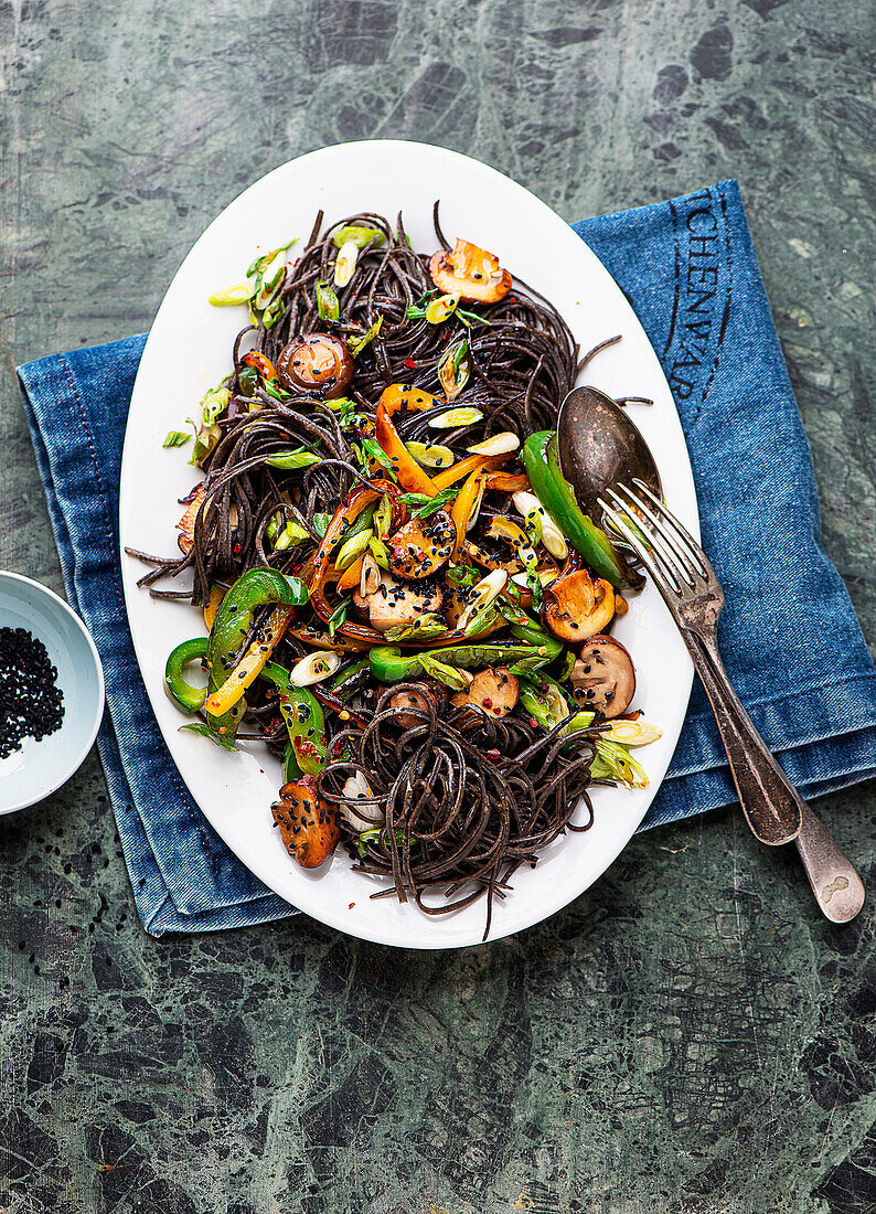 Black bean spaghetti with roasted vegetables