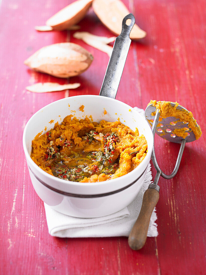 Sweet potato mash with chilli, ginger and garlic butter