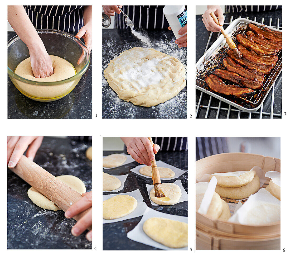 Steamed bao buns with pork belly being made