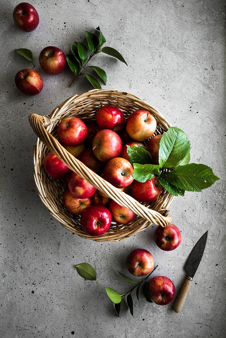 A basket of whole red apples with a paring knife