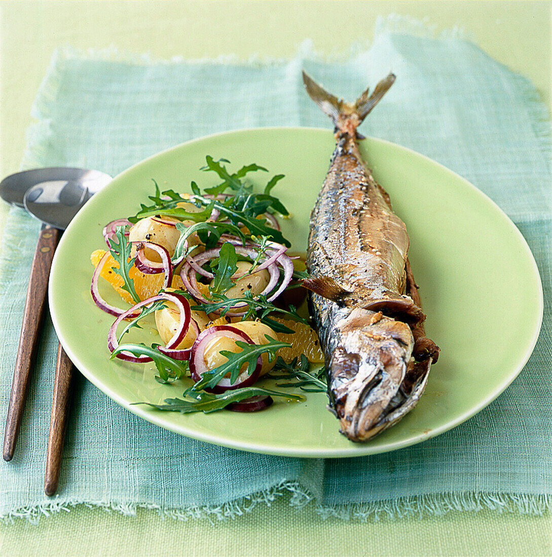 Gegrillte Makrele dazu Orangensalat mit roten Zwiebeln