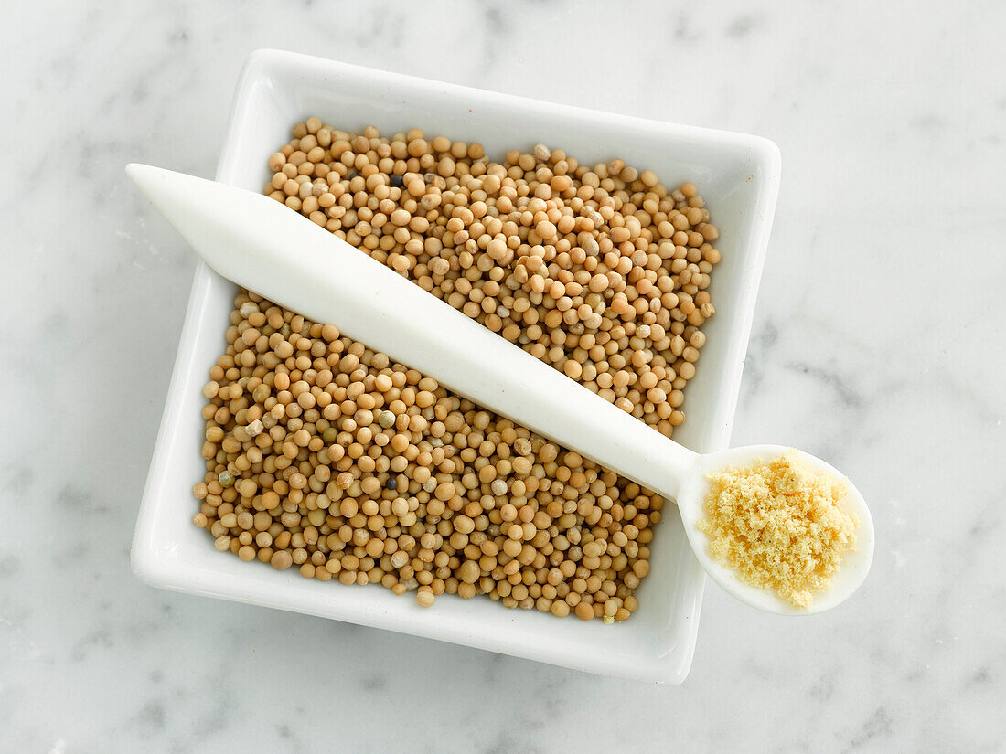 A bowl with mustard seeds and a spoon with ground mustard