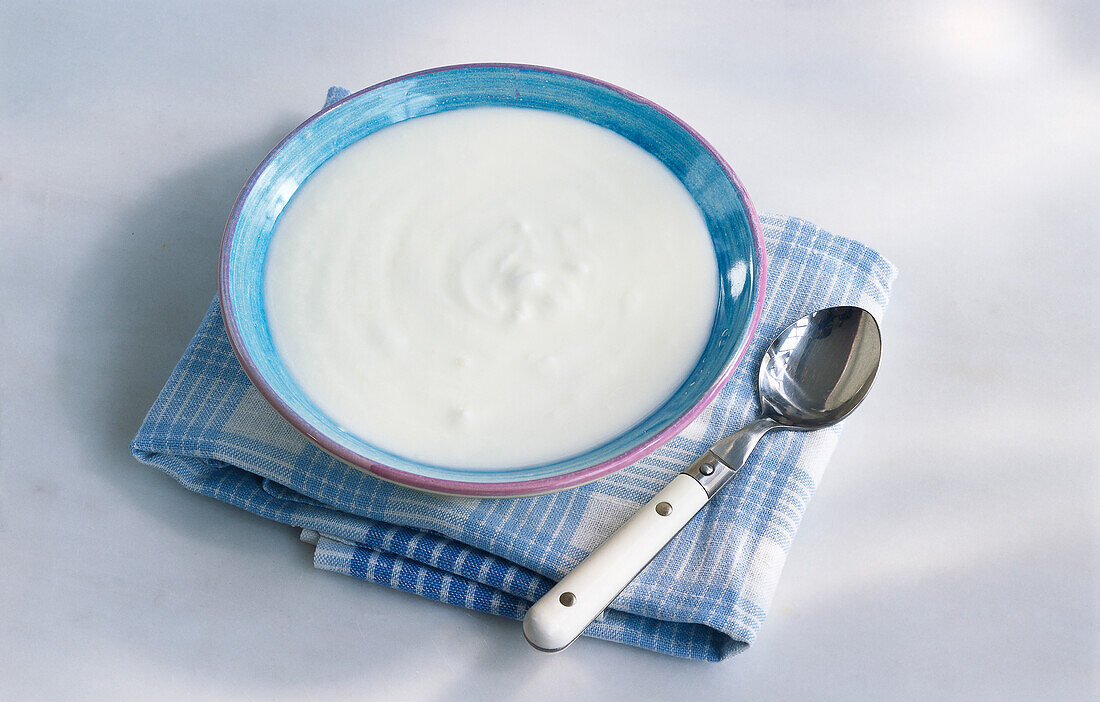 Bowl with yogurt on a napkin