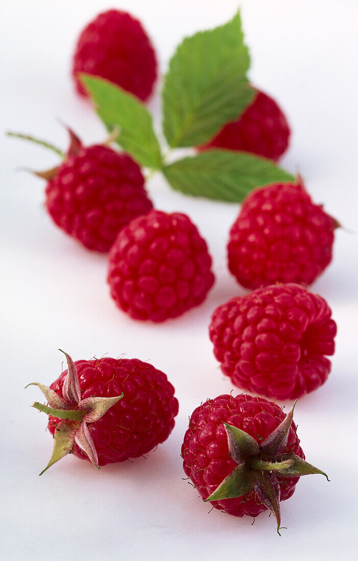 Raspberries on a white background