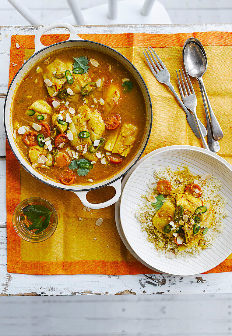 Fish tagine with saffron and almonds