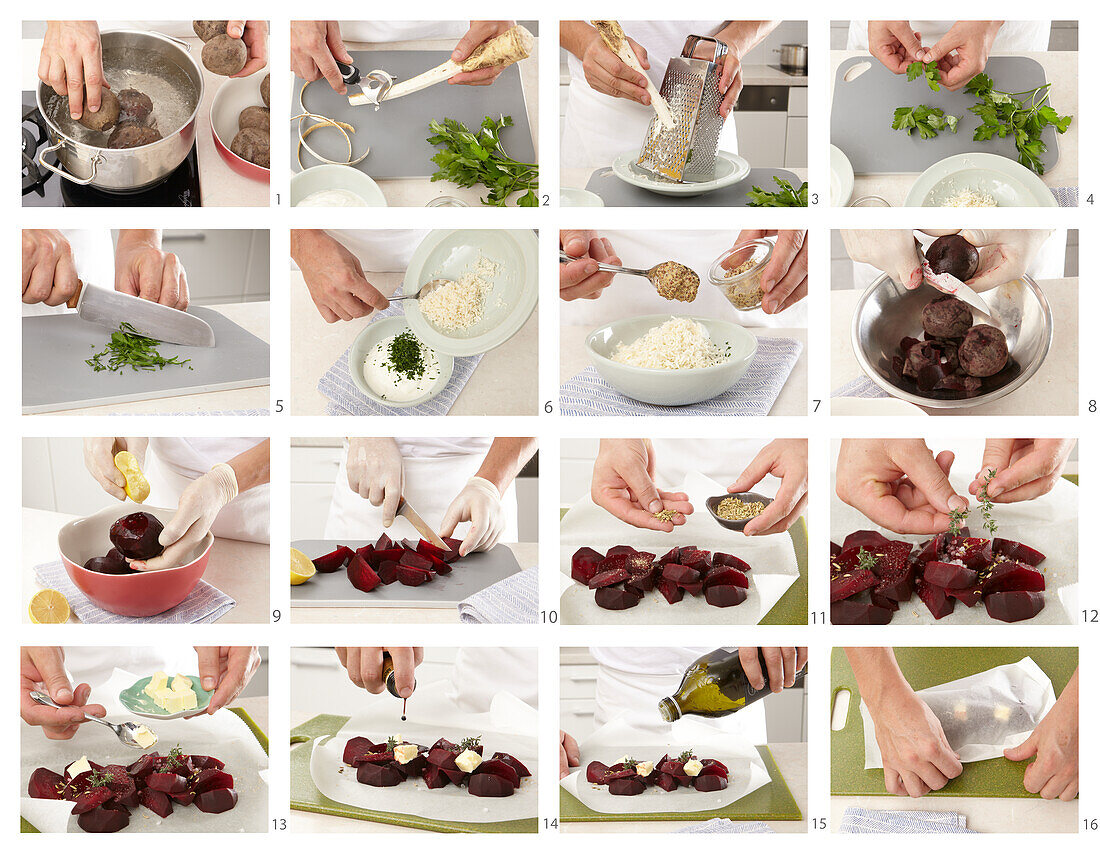 Preparing beets in a parchment parcel with horseradish dip