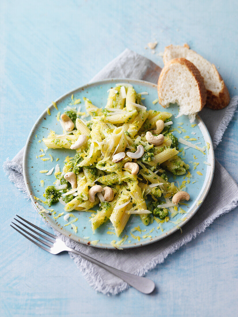 Pasta salad with penne, lemon pesto, and cashew nuts