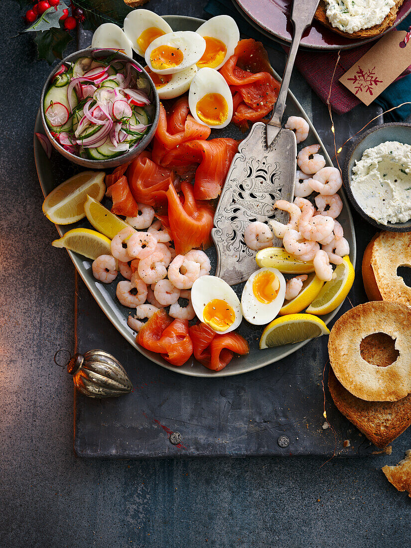 Brunch platter with smoked salmon, prawns and eggs