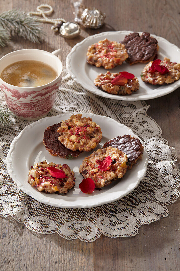 Chocolate biscuits with dried fruit and rose petals