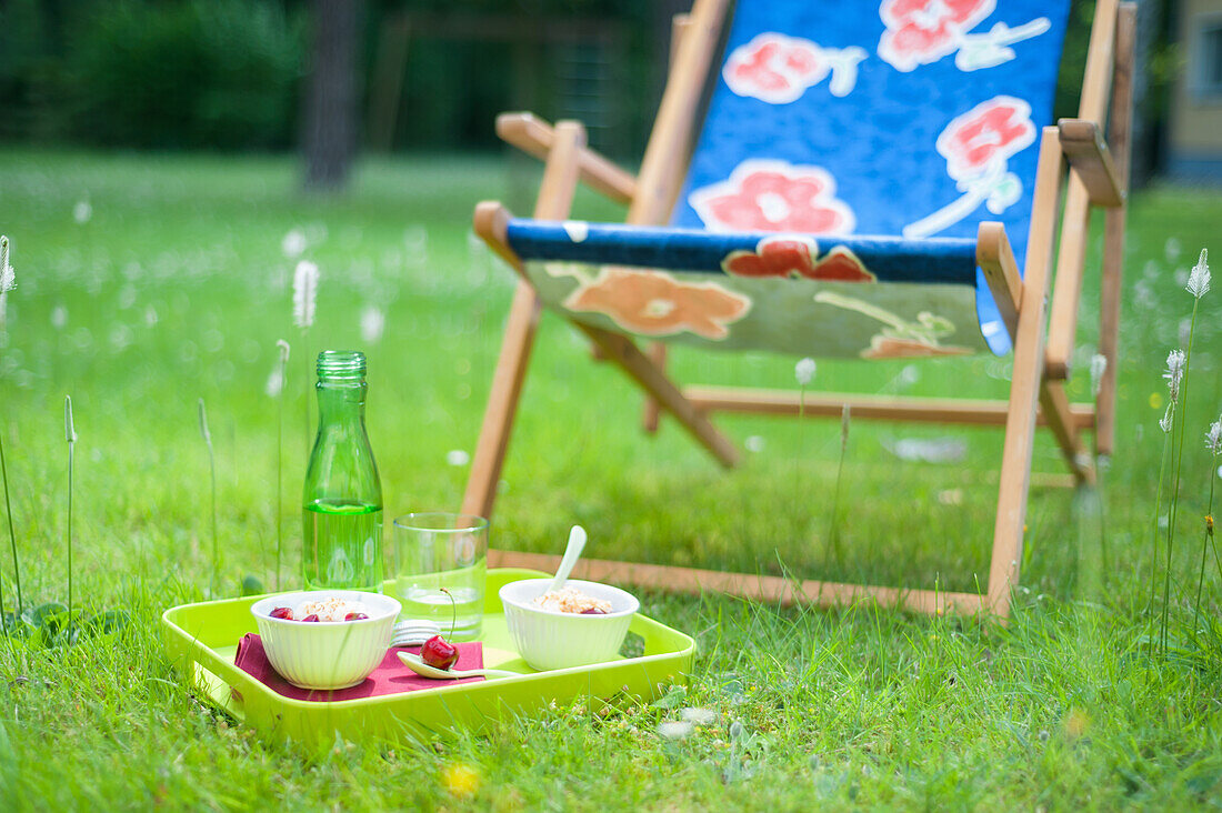 Tablett mit Milchreis und Kirschen auf Wiese vor Liegestuhl